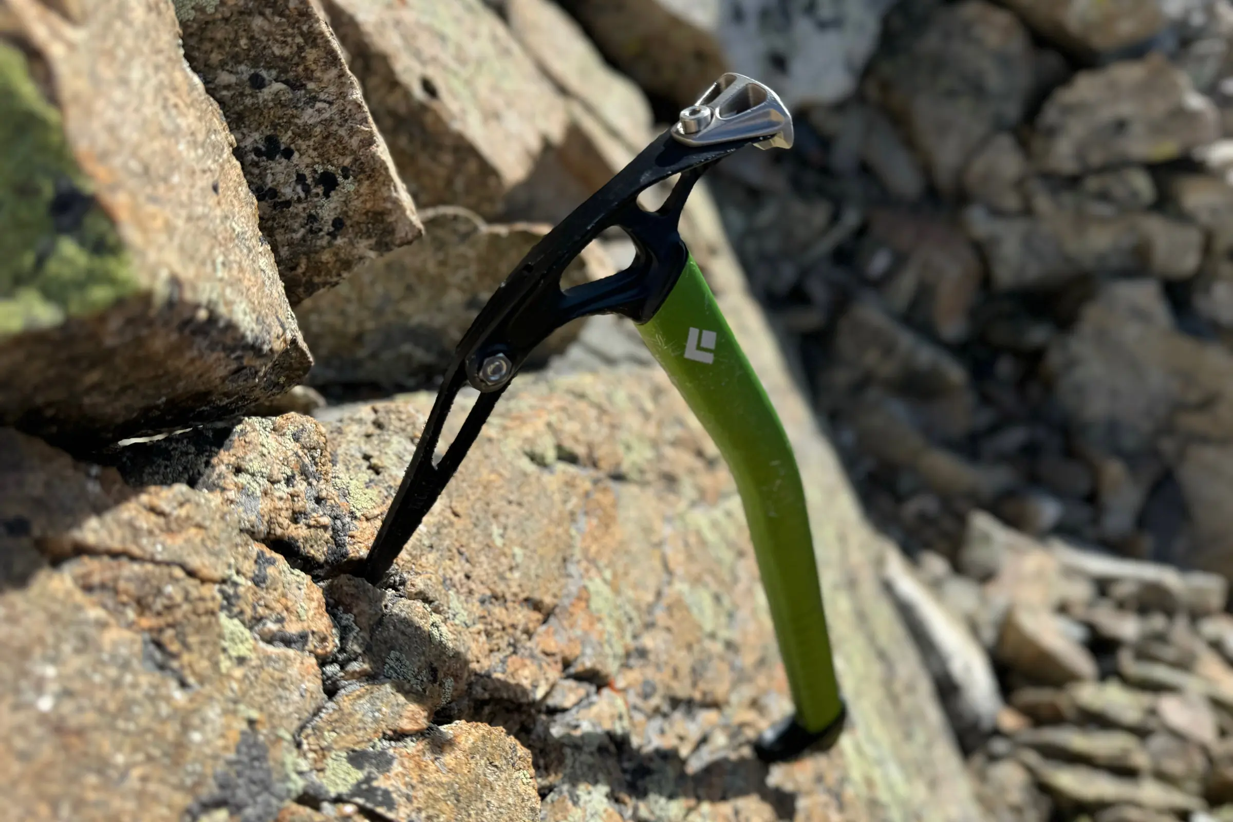 Black Diamond Venom LT Tech Ice Axe on top of a rock