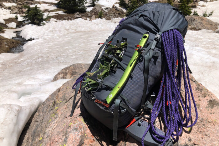 Black Diamond Venom LT classic ice axe on a backpack