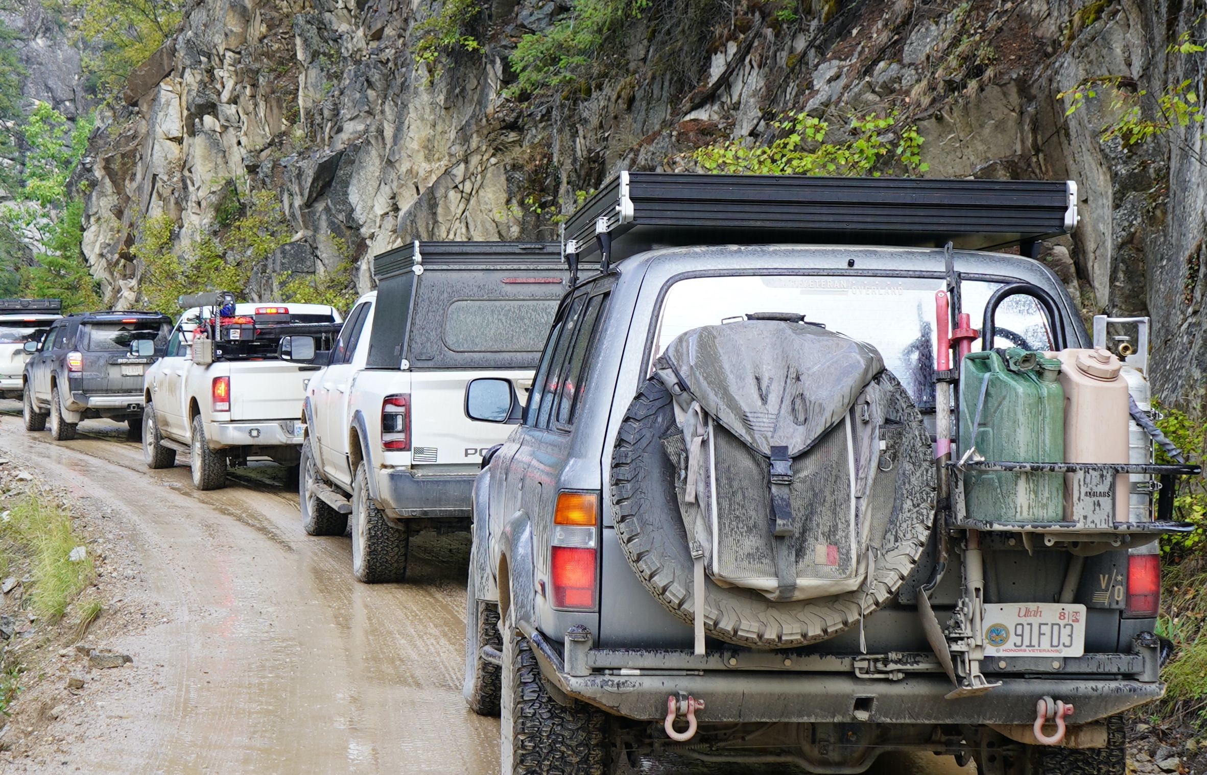 A convoy of overlanders drives through the backroads of Idaho.
