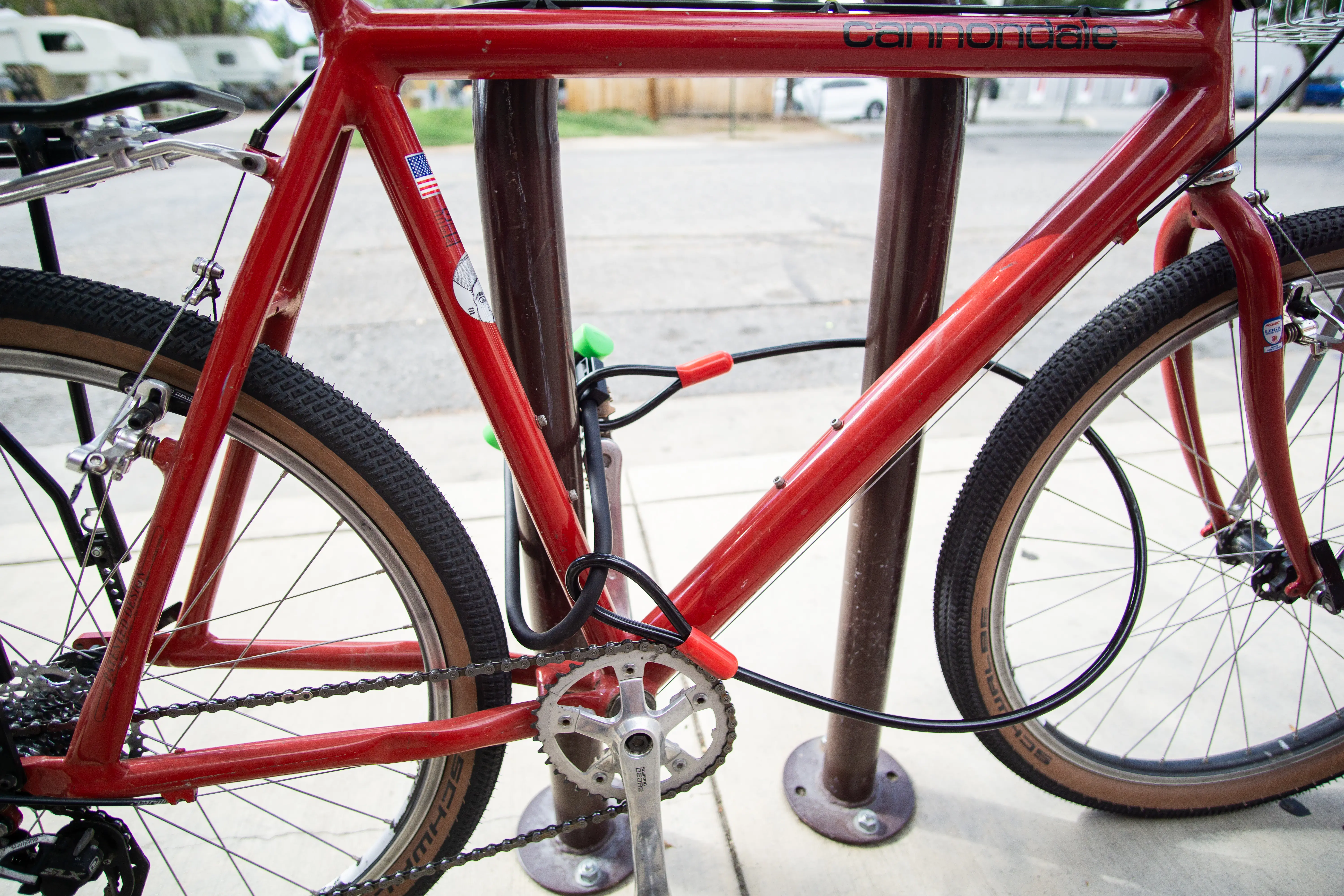 Front tire secured with cable