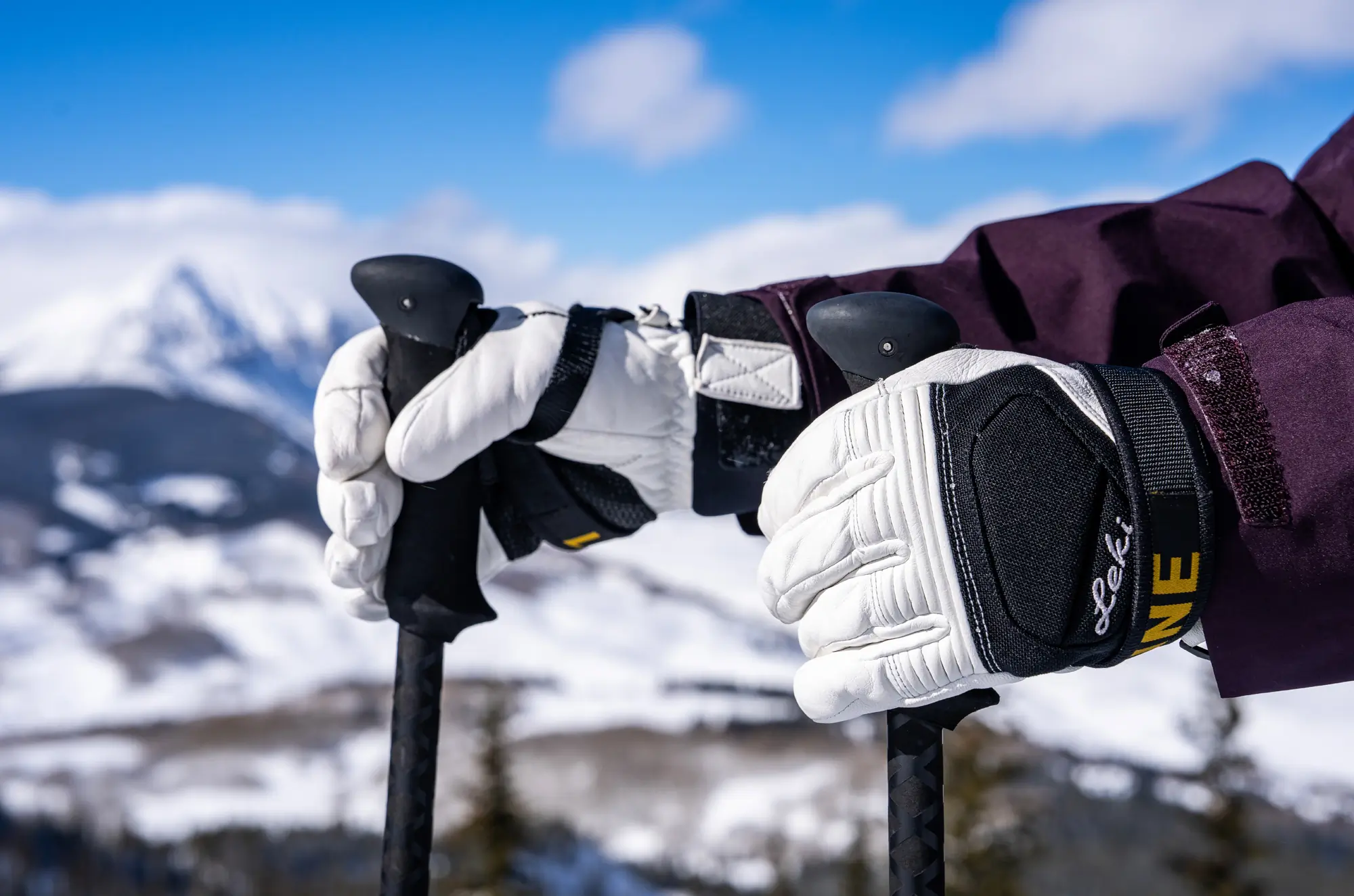 two hands in ski gloves side by side with ski poles 