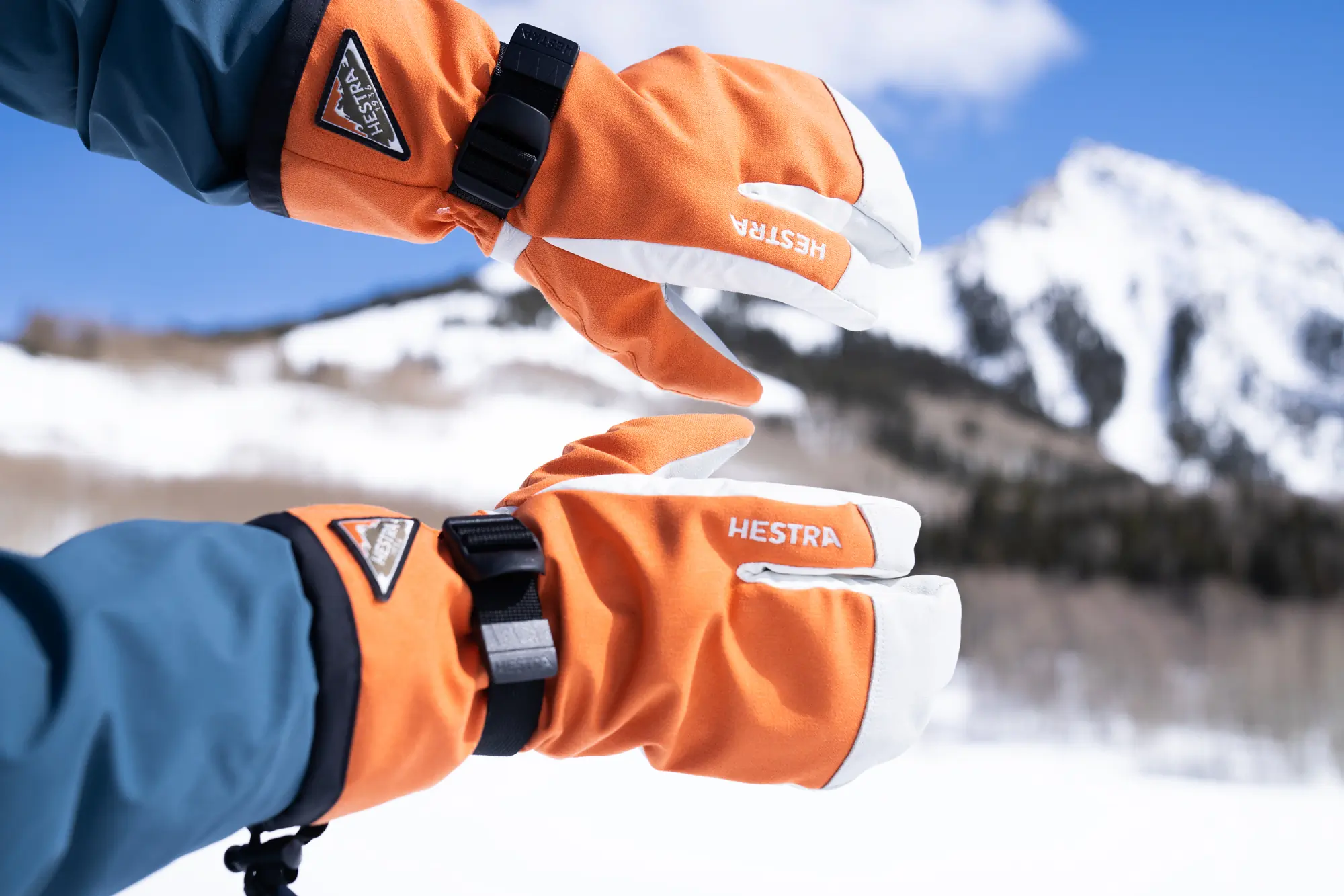 Hestra 3-finger gloves with peak in background 