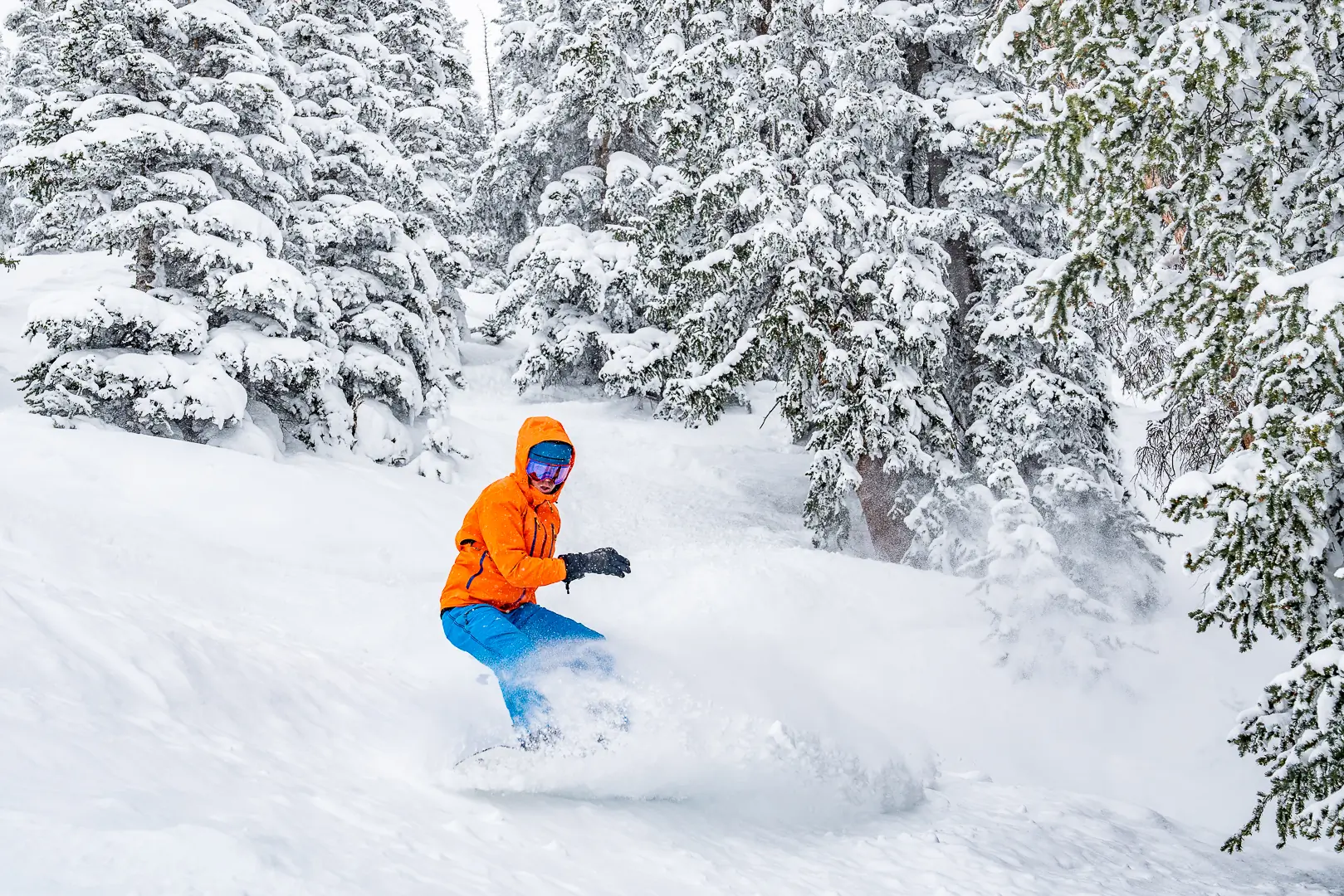 snowboarder turning in powder