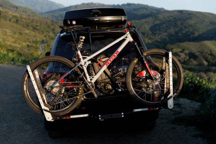 1Up’s Xtreme Duty Rack securing a e-moto and bicycle