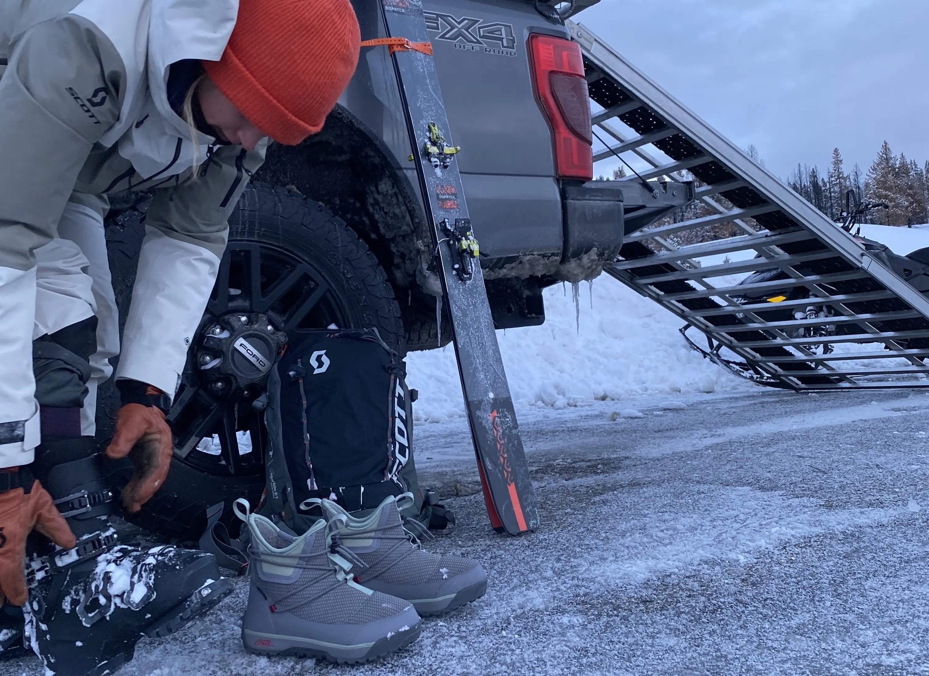Peterson transitions from her ski boots to the Ice 6 Ankle Deck Boot; (photo/Xtratuf)