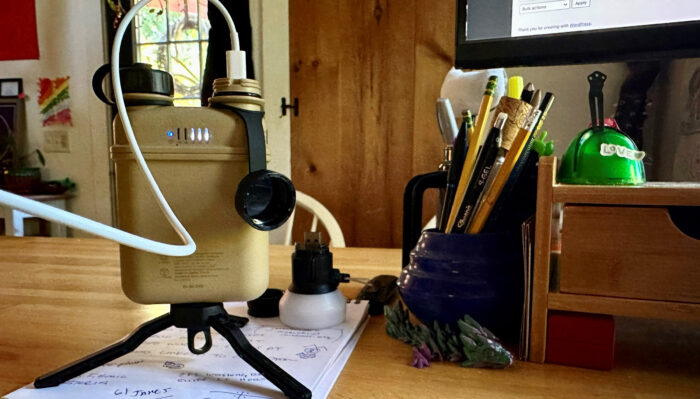 portable charger and lamp in a work from home setup