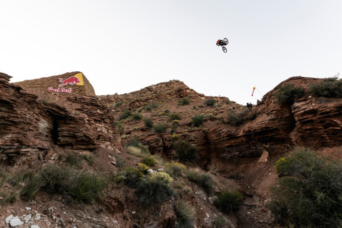 Bienvenido Aguado Alba hits a jump at Red Bull Rampage in Virgin, Utah, USA on October 11, 2023.