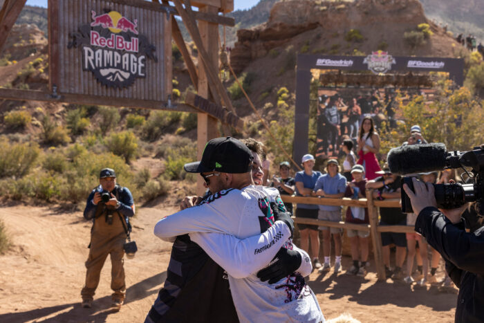 Third place Carson Storch and winner Cam Zink embrace at the finish line at Red Bull Rampage in Virgin, Utah, USA on October 13, 2023.
