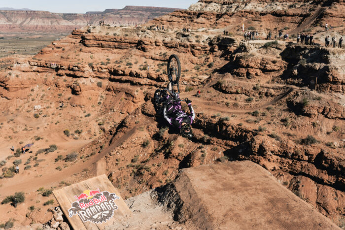 Tom Van Steenbergen hits a jump at Red Bull Rampage in Virgin, Utah, USA on October 13, 2023.