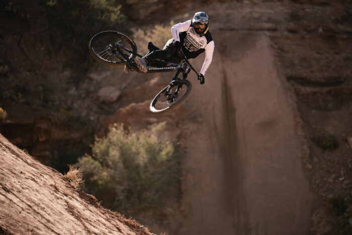 Carson Storch hits a jump at Red Bull Rampage in Virgin, Utah, USA on October 13, 2023.