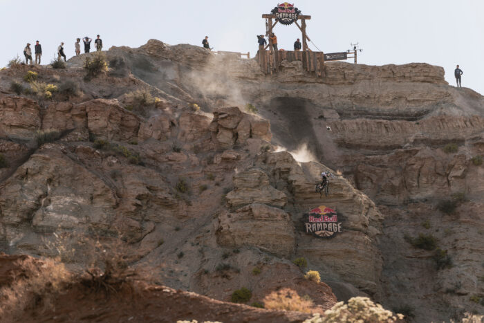 Cam Zink hits a jump at Red Bull Rampage in Virgin, Utah, USA on October 13, 2023.
