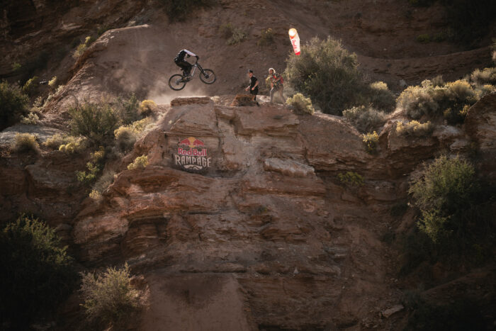 Carson Storch hits a jump at Red Bull Rampage in Virgin, Utah, USA on October 13, 2023.