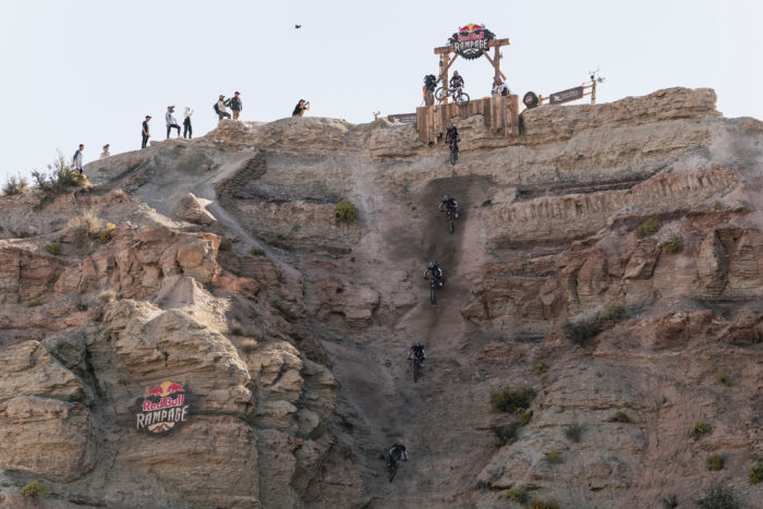 Tom Van Steenbergen hits a jump at Red Bull Rampage in Virgin, Utah, USA on October 13, 2023.