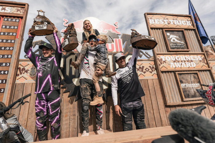 Tom van Steenberge, Cam Zink and Carson Storch celebrate at Red Bull Rampage in Virgin, Utah, USA on October 13, 2023.