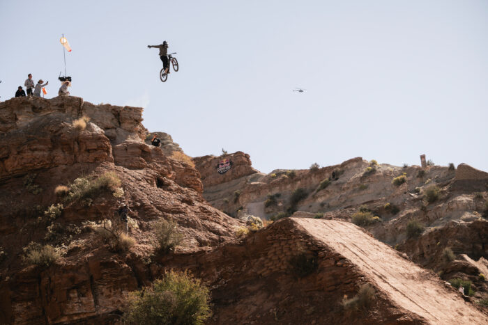 Kyle Strait hits a jump at Red Bull Rampage in Virgin, Utah, USA on October 13, 2023.