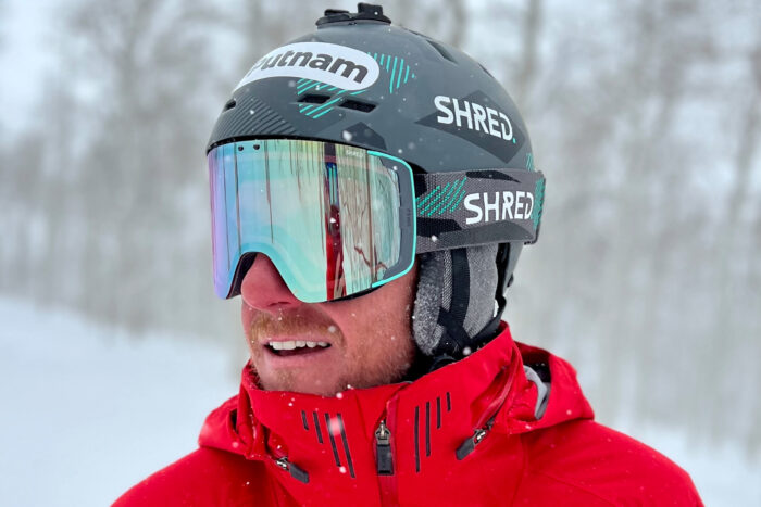 Ted Ligety with SHRED's latest goggle, the Gratify; (Photo/Chair 6 Collective)