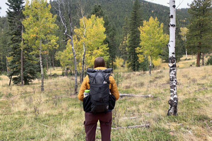 A hiker in a yellow puffy jacket hiking with the symbiosis pack among Aspen trees