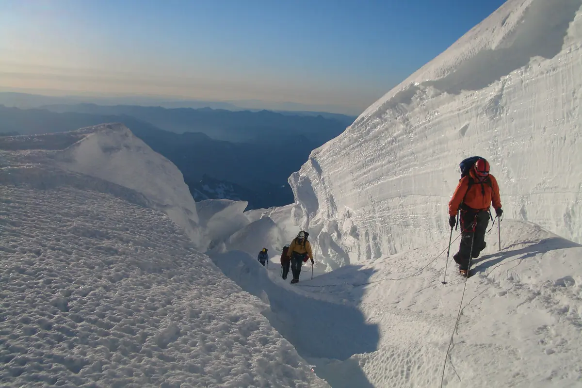 climbing team going up the mt rainier.