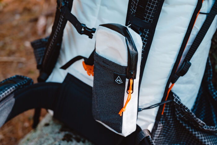 a Hyperlite Mountain Gear Shoulder Pocket attached to a backpack
