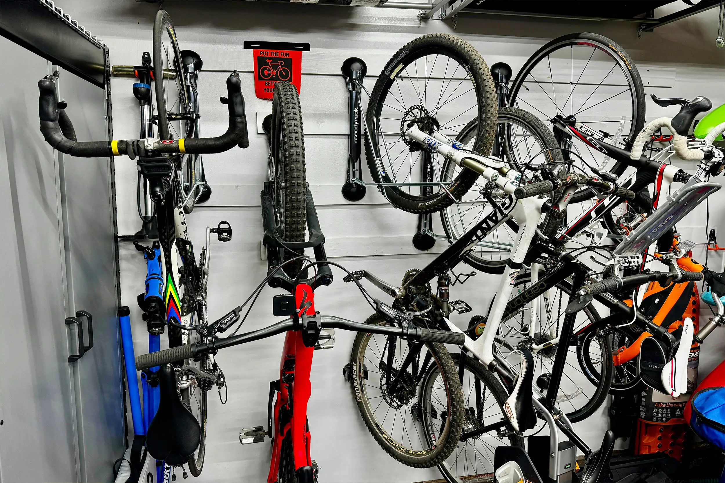 a garage full of steadyrack bike holders