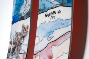 skis with watercolor wolves and a mountain scene