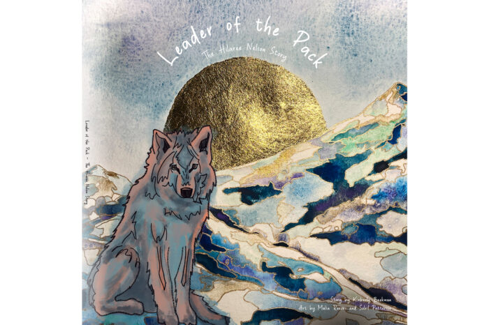 the cover of a children's book featuring mountains, a wolf, and a sun