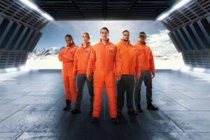 models wearing columbia skywalker pilots collection in airplane hangar