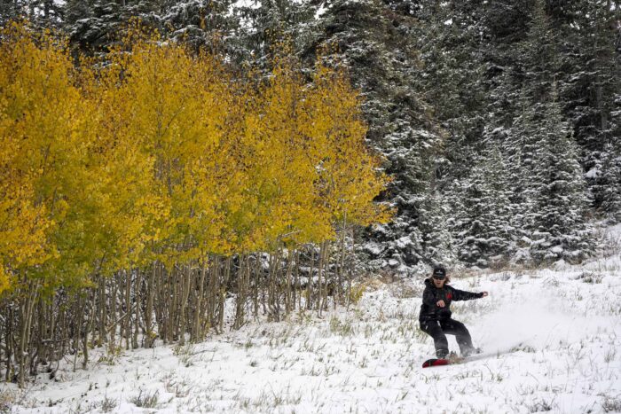 a man snowboarding near some aspens