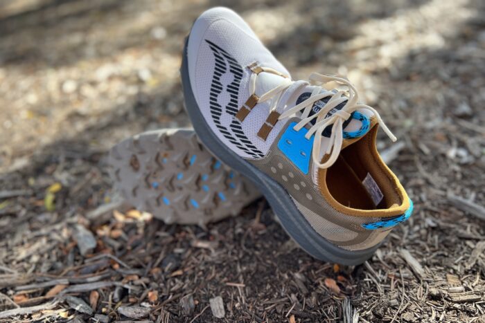 profile and bottom outsole view of saucony endorphin rift trail shoe