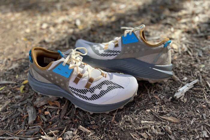 profile of saucony endorphin rift trail shoe in white and gray