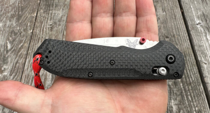 Benchmade’s Freek 560-03 knife folded on author's hand