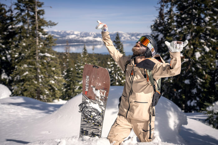 snowboarder  wearing Oyuki x Smith collab gear