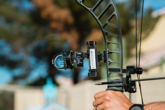 Author holding a bow with a sight