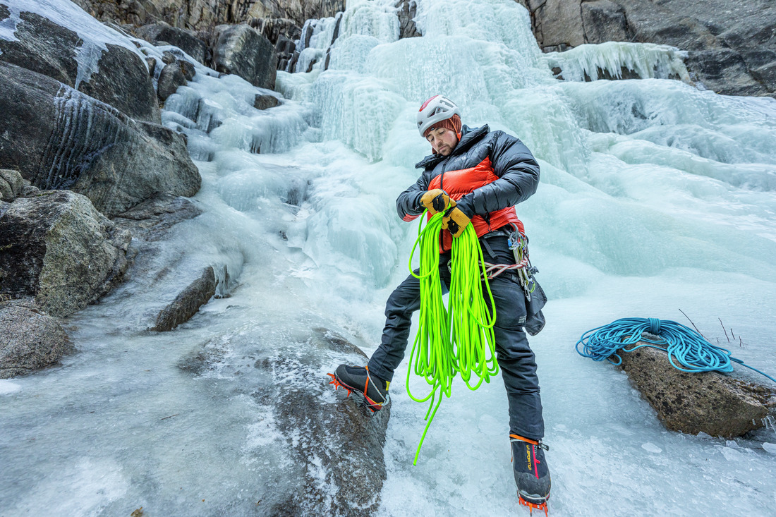 Mountain Hardwear Phantom Belay Down Parka on male ice climber