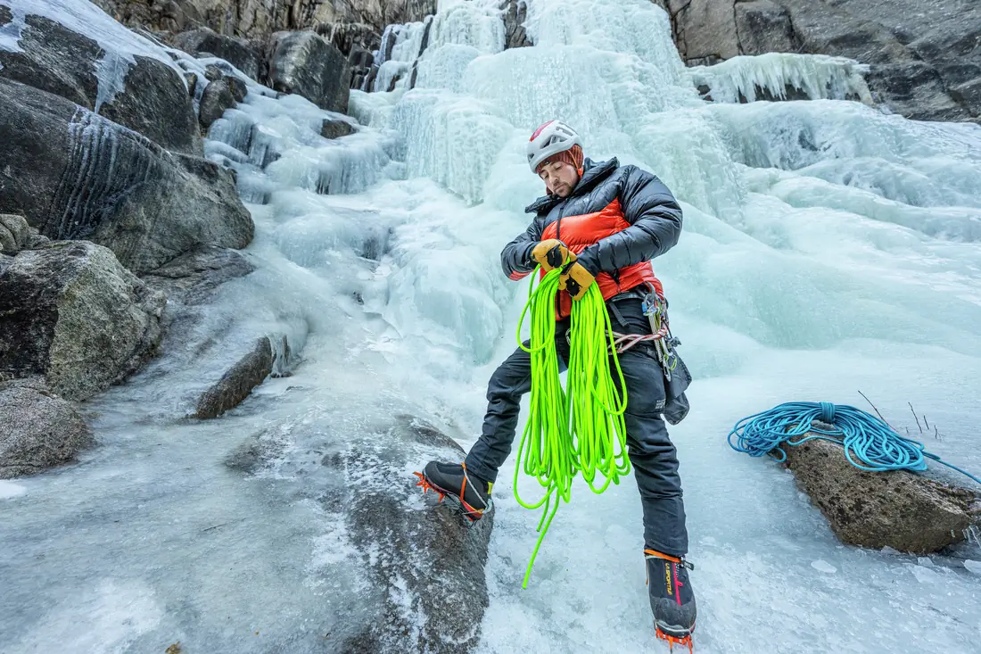 Mountain Hardwear Phantom Belay Down Parka on male ice climber