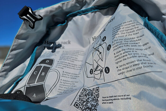 View of the packing instructions inside the REI Trailmade 60 pack