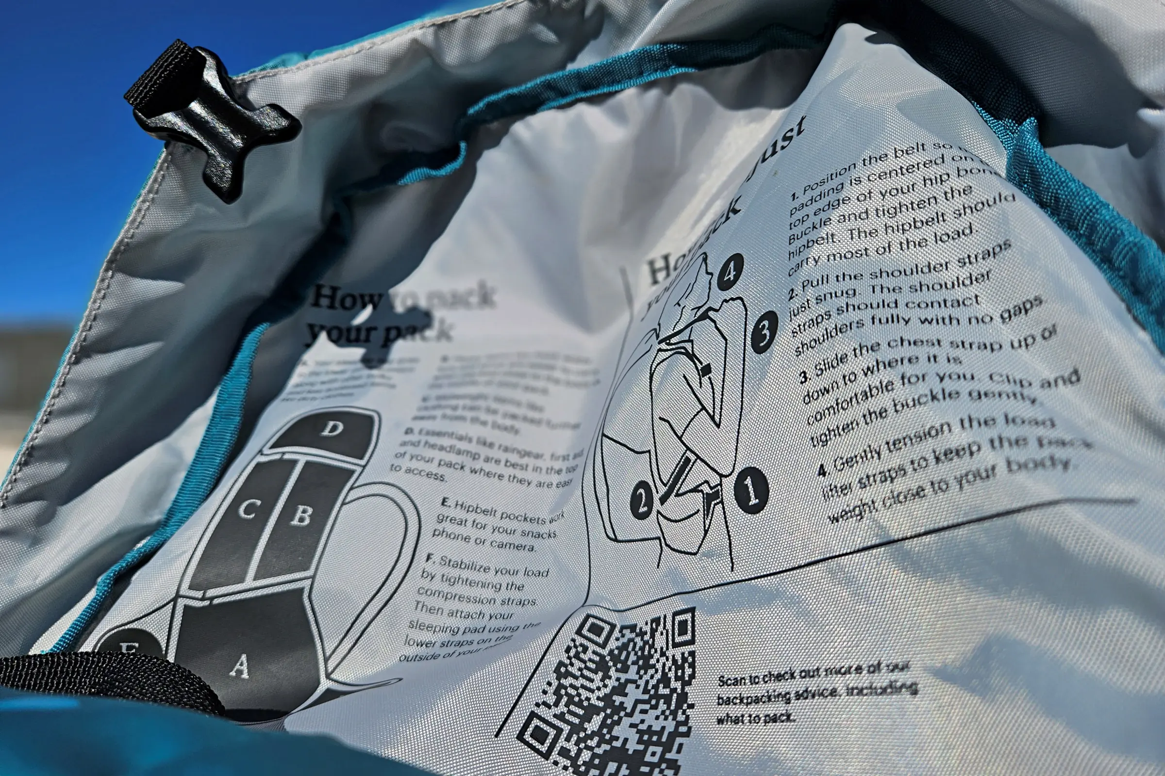 View of the packing instructions inside the REI Trailmade 60 pack