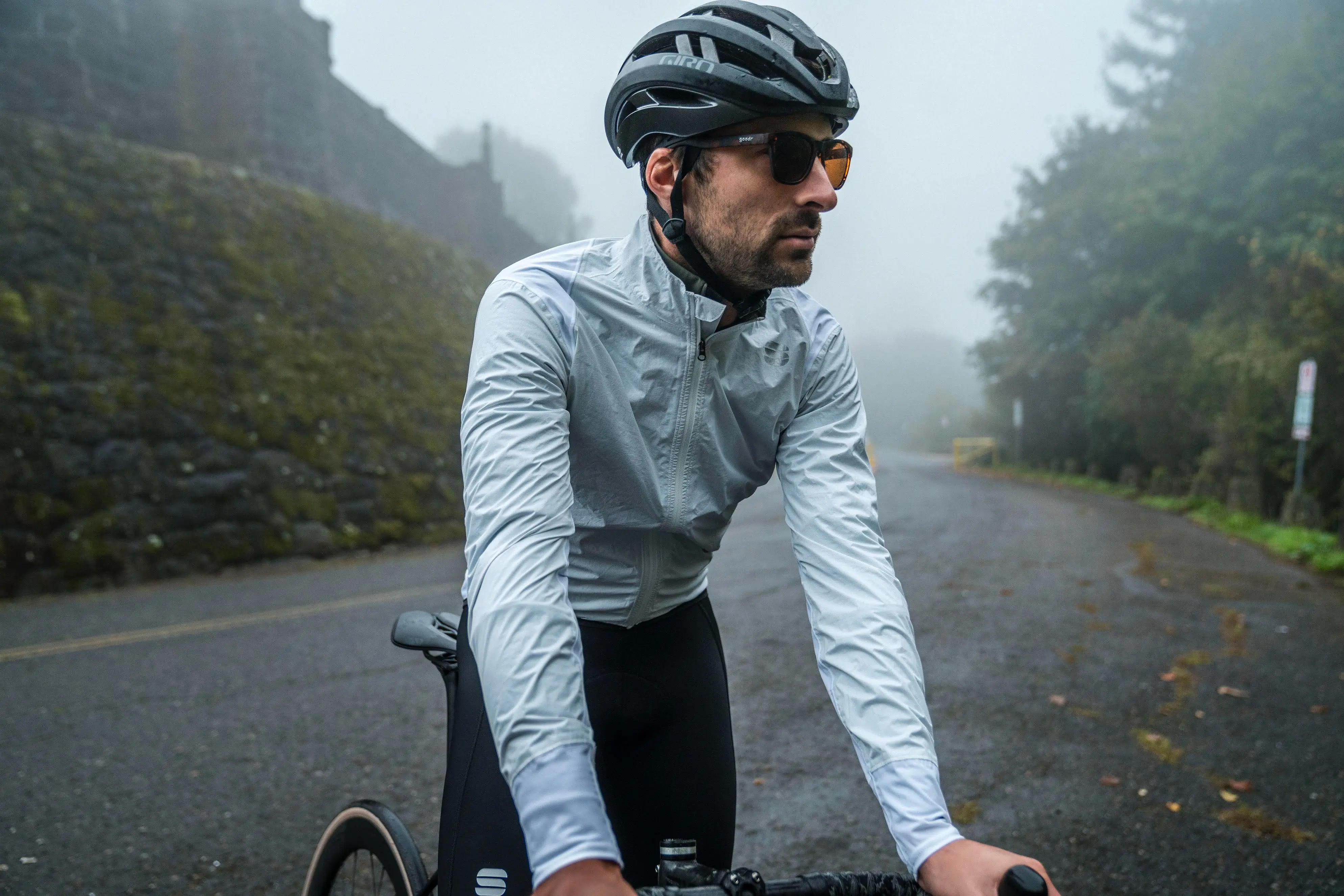 Wearing the Sportful Hot Pack No Rain cycling jacket on a cool misty mountain top