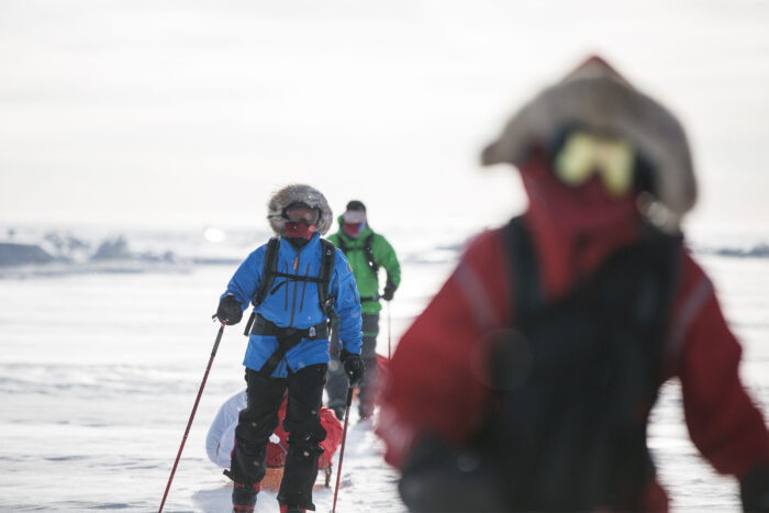 three figures in winter clothing cross-country ski while towing a sled