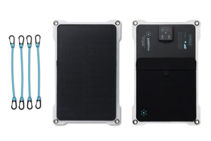 the pale blue earth solar panel front and back view, comes with 4 gear ties