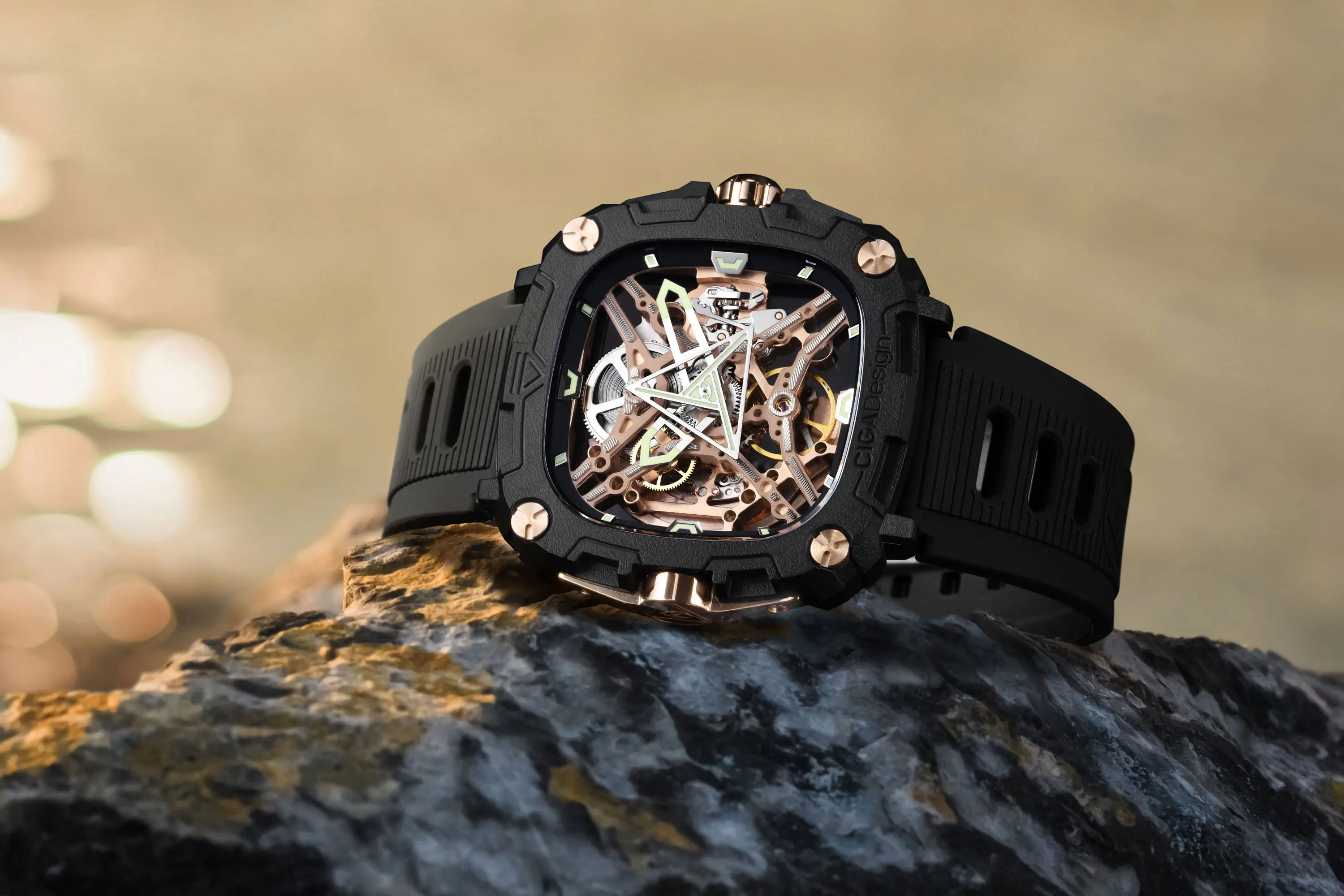 eye of horus skeleton watch on a rock by the sea