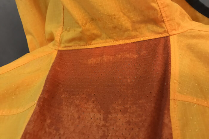 Closeup of damp merino mesh after shower test