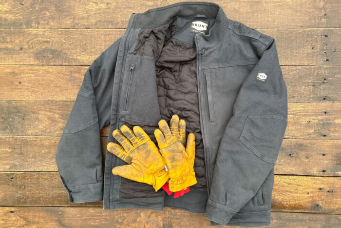 brunt the scott work jacket lying flat with leather gloves