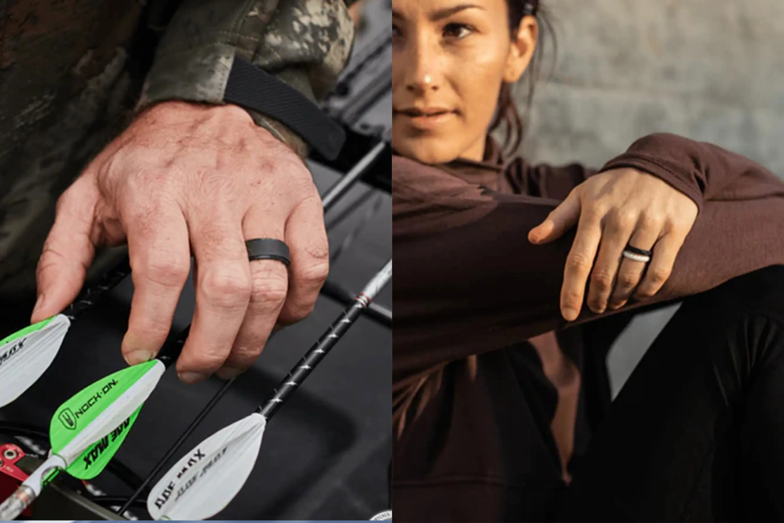 two side by side photos of hands wearing silicon rings