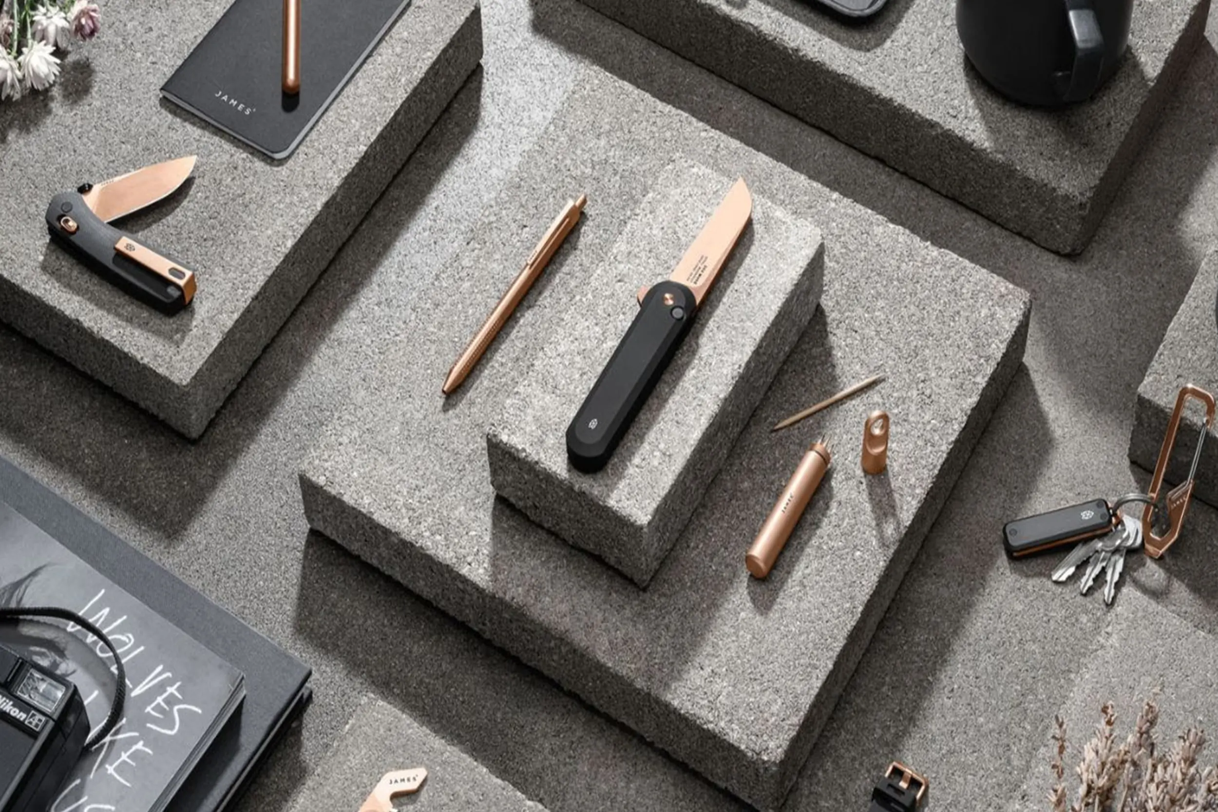 a layout of the James brand items in rose gold