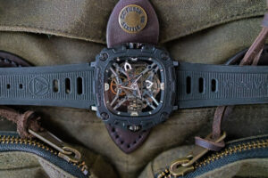 CIGA Design Eye of Horus skeleton watch on Filson waxed canvas bag