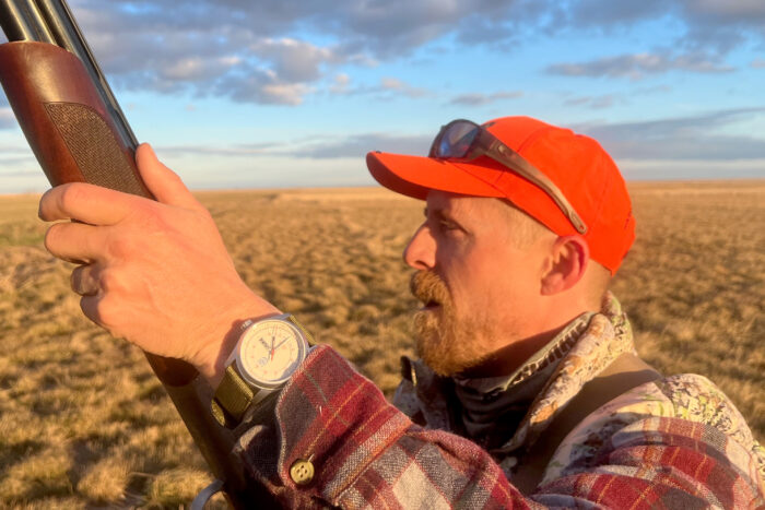 Man wearing a Luminox Atacama Field Watch while pheasant hunting
