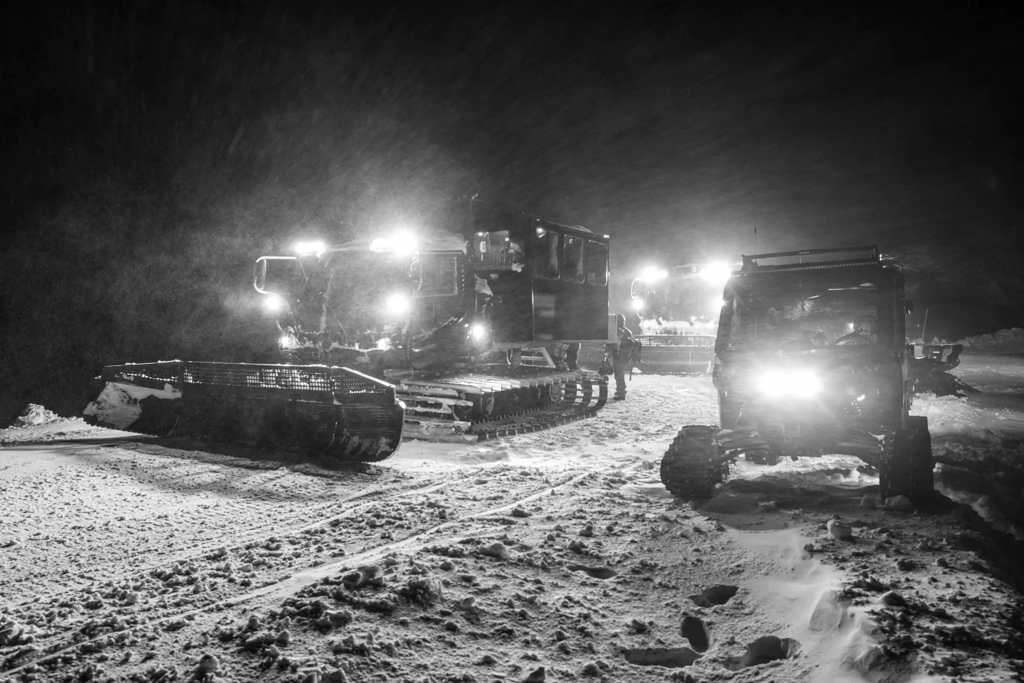 Snow cats in a blizzard at Powder Mountain