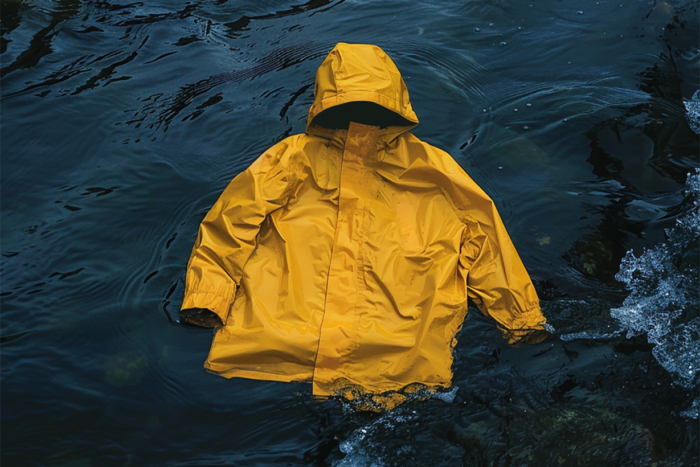AI image of yellow rain jacket floating in river