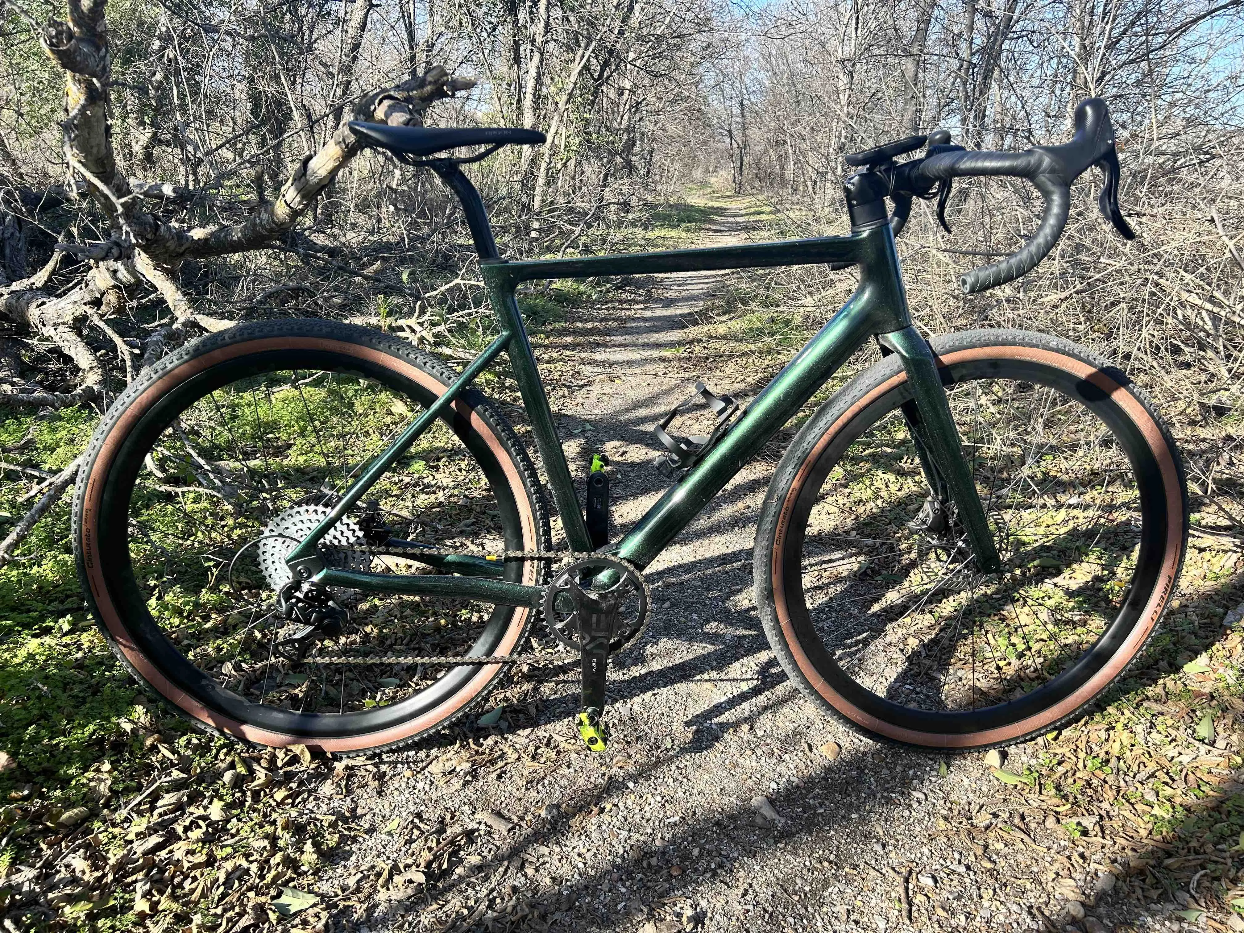 Desiknio X2 Gravel e-bike on a single track trail.